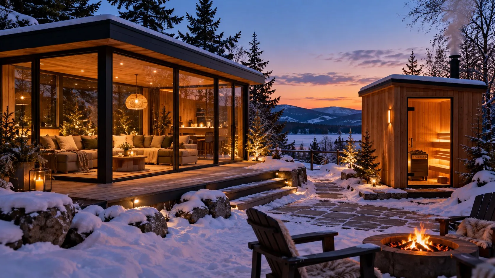 Illustration d’un pavillon vitré chauffé et d’un sauna extérieur séparé dans un jardin enneigé