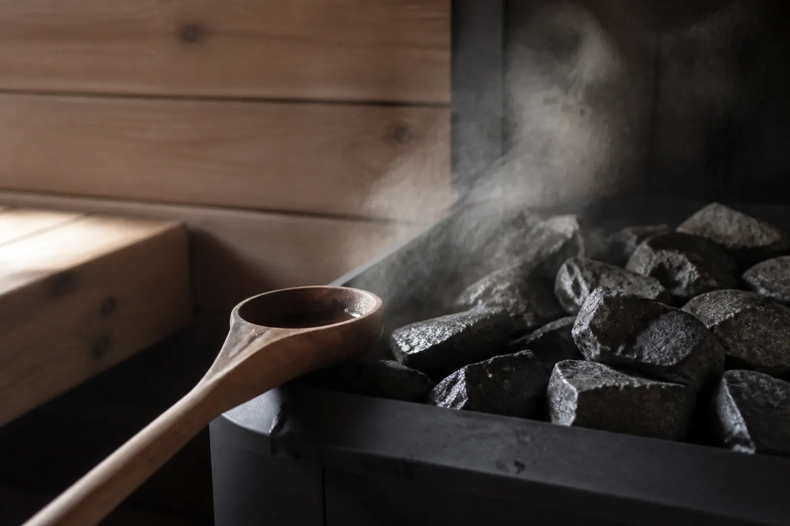 Pierres et vapeur dans un sauna en bois