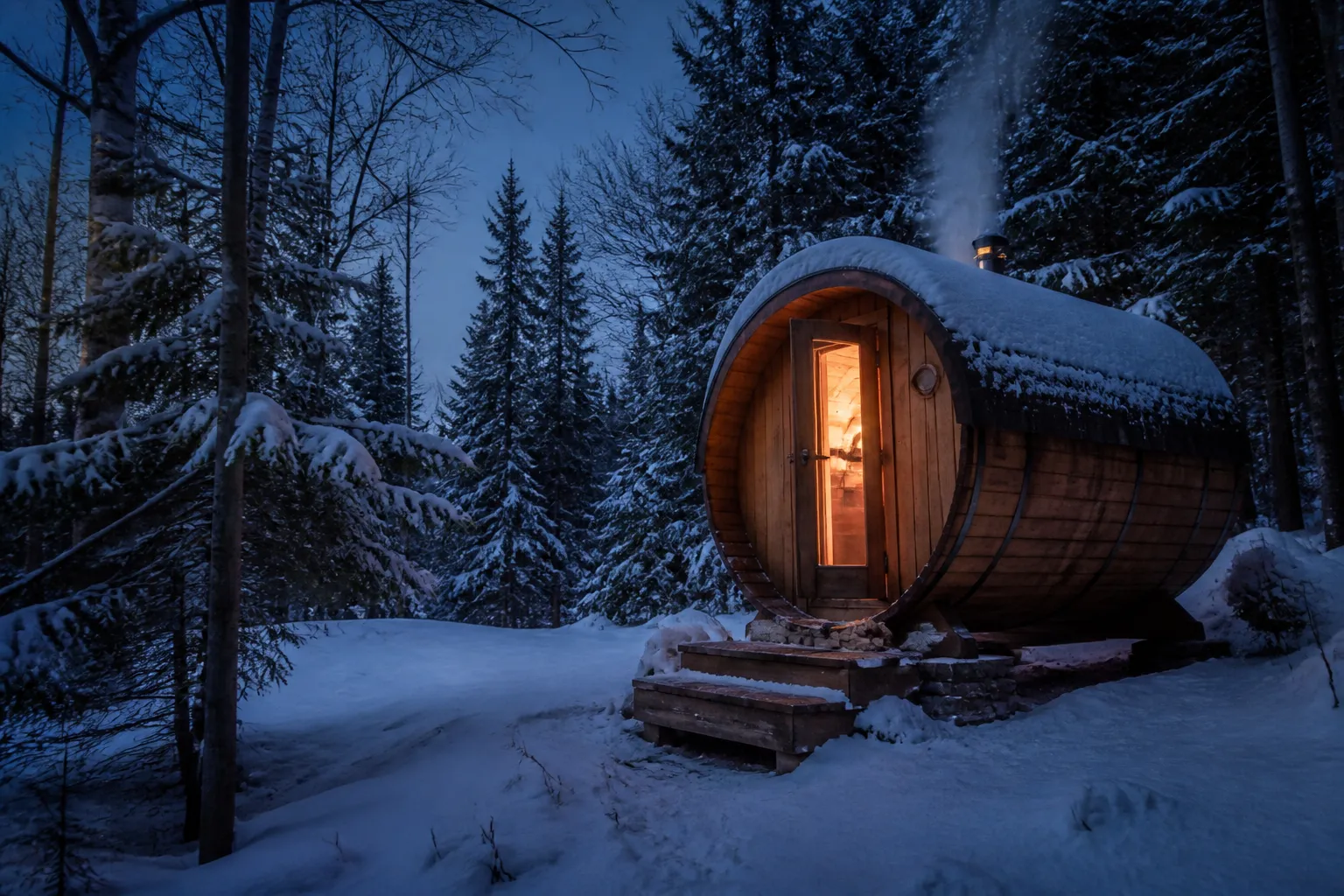 Sauna baril en cèdre dans un paysage enneigé