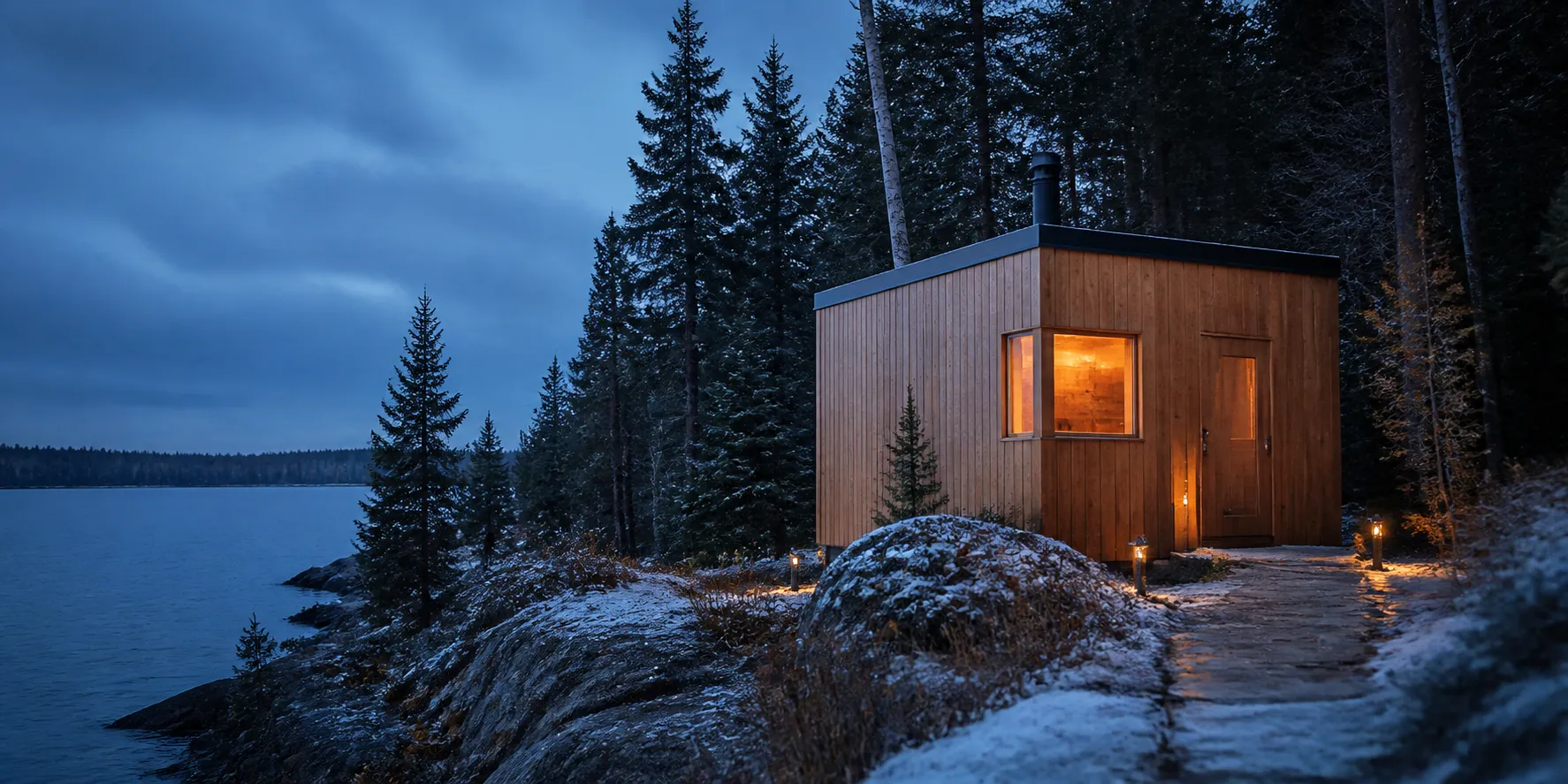 Sauna extérieur éclairé au bord d’un lac en hiver