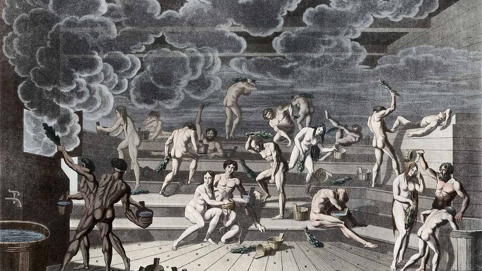 Gravure historique représentant des baigneurs utilisant des bouquets de branches dans une bania russe, vers 1812
